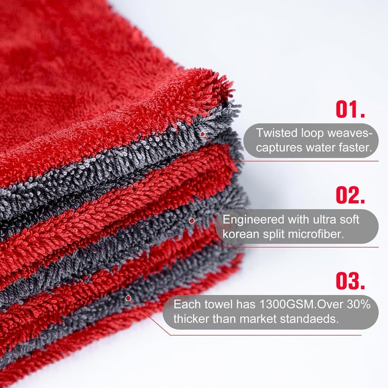 Singrune 2 Pack XL Car Drying Towel – 1300GSM Ultra Absorbent Microfiber, 24"x36" Large Size, Twisted Loop, Lint-Free & Streak-Free for Auto Detailing, Car, SUV, Truck(Gray-RED) - Image 5